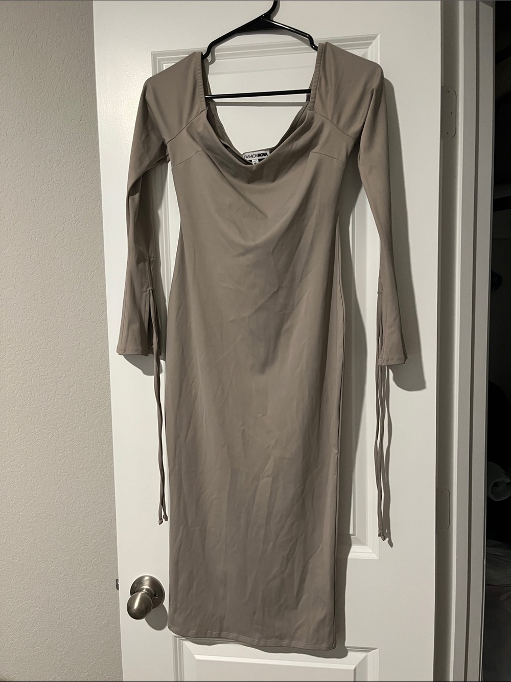 Fashion Nova Taupe Long Sleeve Cowl Neck Midi Dress